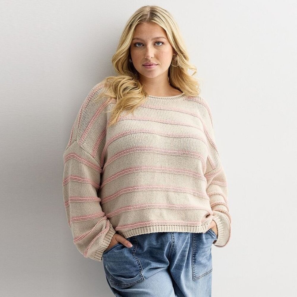 SO Women’s Textured Boatneck Sweater Oatmeal or Brown Stripe Size XXL Cozy Knit